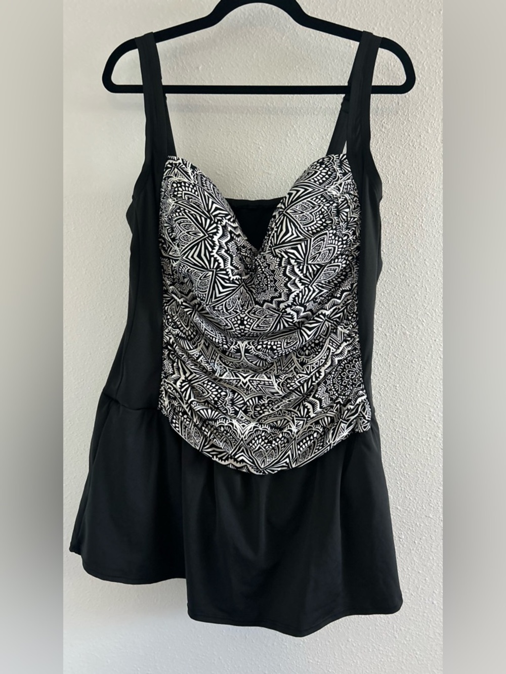 Emerald Bay Black & White Printed One-Piece Swimdress with Ruched Front